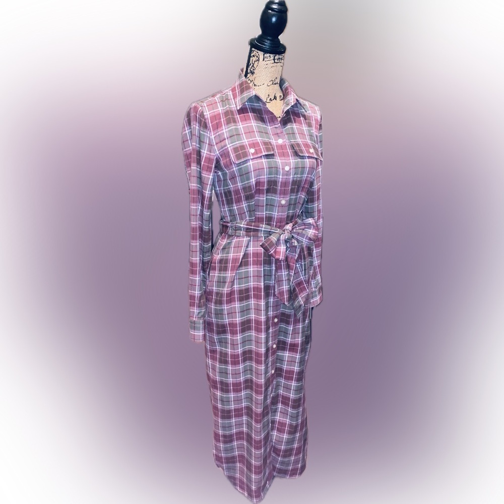 Lauren Ralph Lauren Cottage Heritage Plaid Maxi Shirt Dress Pink Maroon Green 2